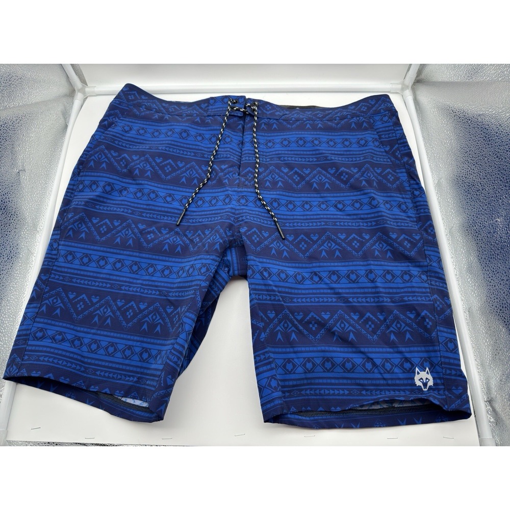 Greyson Golf 38 10 9.5 Ghostwolf Blue Aztec Board Shorts Drawstring Button Nylon